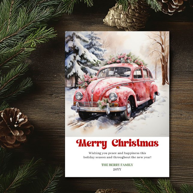 Classic rustic Christmas scene pink car design Holiday Card (Classic rustic Christmas scene pink car design)
