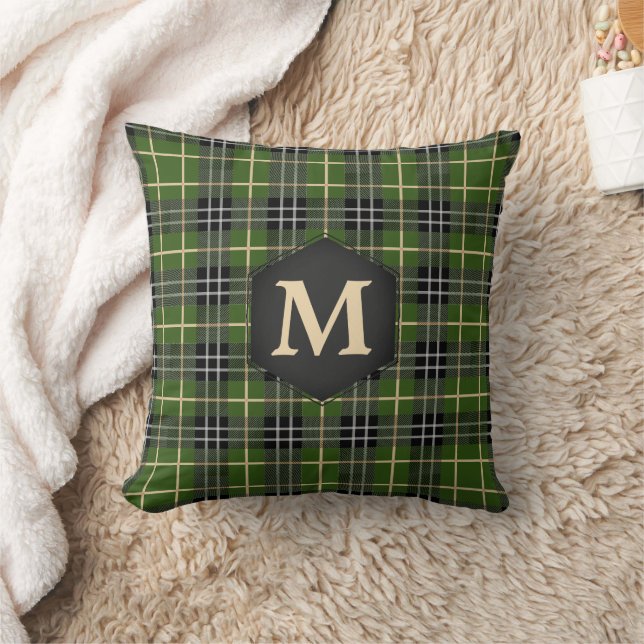 Classic Rustic Green Tartan Plaid Monogram Cushion (Blanket)