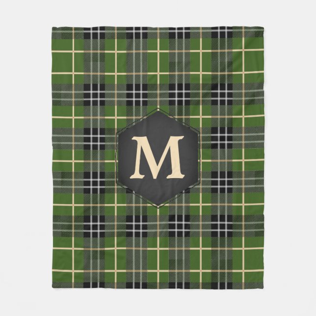 Classic Rustic Green Tartan Plaid Monogram Fleece Blanket (Front)
