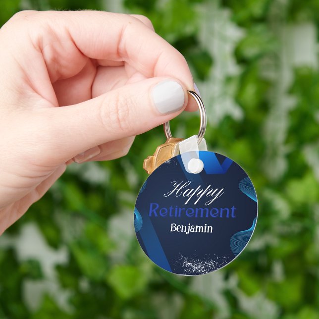Classic rustic Modern Blue&White Happy Retirement Key Ring (Creator Uploaded)