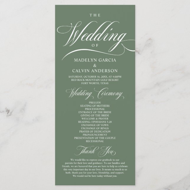 Classic Rustic Sage Green, Wedding Ceremony Programme (Front)