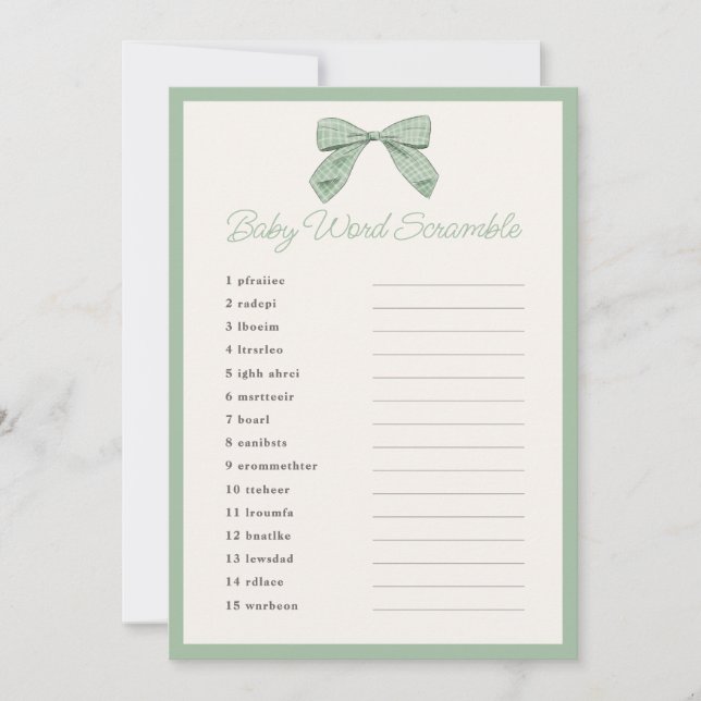 Classic Sage Bow Baby Shower Word Scramble Game Invitation (Front)