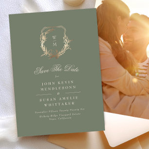 Classic Sage & Cream Monogram Gold Crest Photo Save The Date