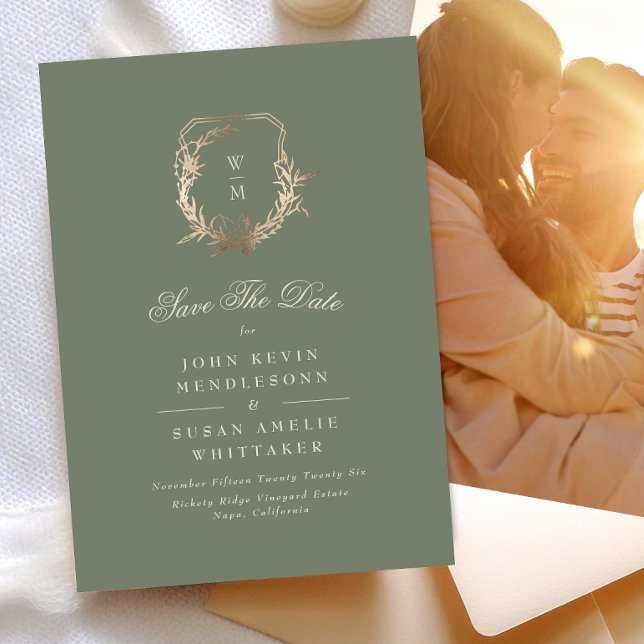 Classic Sage & Cream Monogram Gold Crest Photo Save The Date (Creator Uploaded)