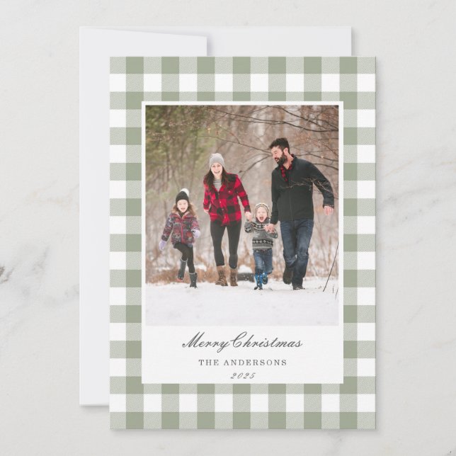 Classic Sage Gingham Two Sided Family Photo Holiday Card (Front)