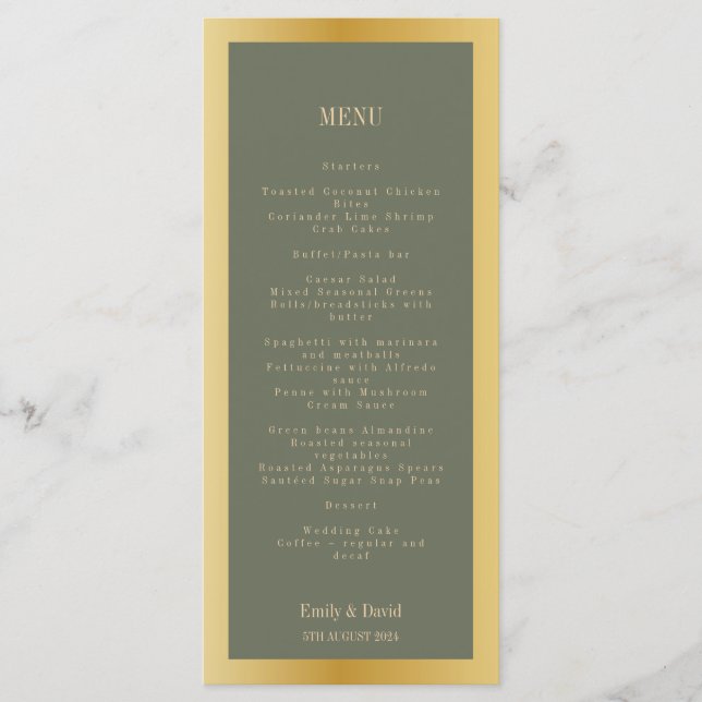 Classic Sage Green and Golden Wedding  Menu (Front)