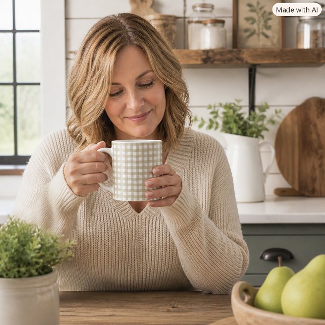 Classic Sage Green and White Gingham Pattern Coffee Mug (A mug with a sage green and white gingham plaid pattern.)