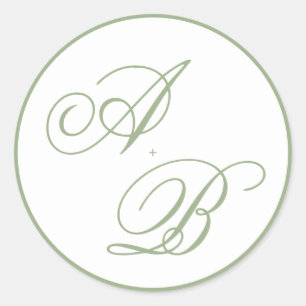 Classic Sage Green Border Monogram Script Wedding Round Sticker