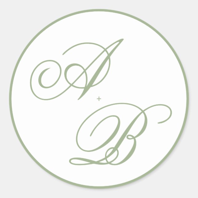 Classic Sage Green Border Monogram Script Wedding Round Sticker (Front)