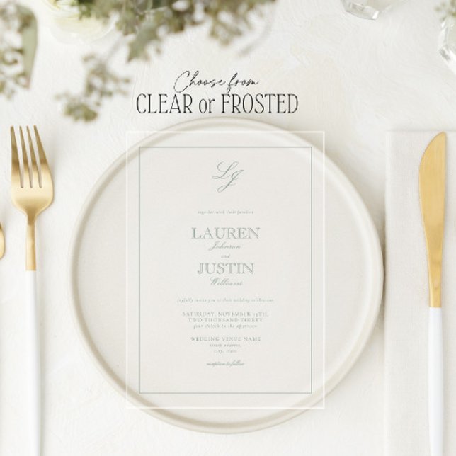 Classic Sage Green Calligraphy Monogram Wedding Acrylic Invitations (Creator Uploaded)
