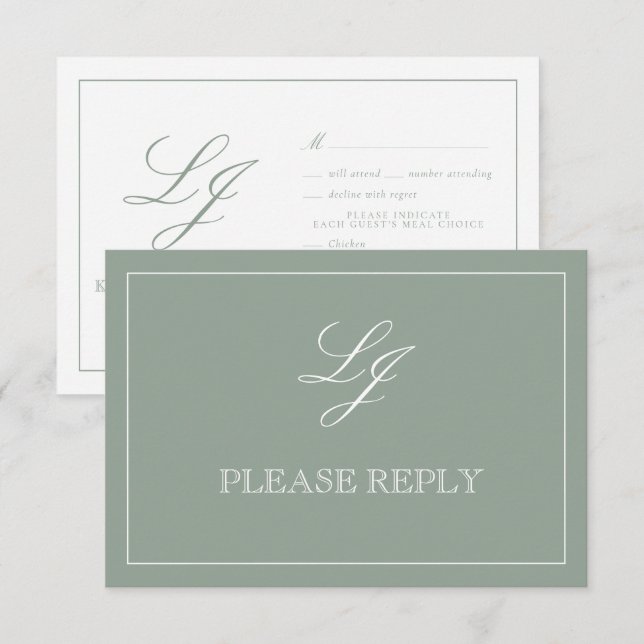 Classic Sage Green Calligraphy Monogram Wedding RSVP Card (Front/Back)