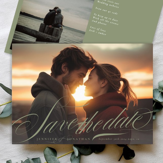 Classic Sage Green Calligraphy QR Code Two Photo Save The Date (Creator Uploaded)