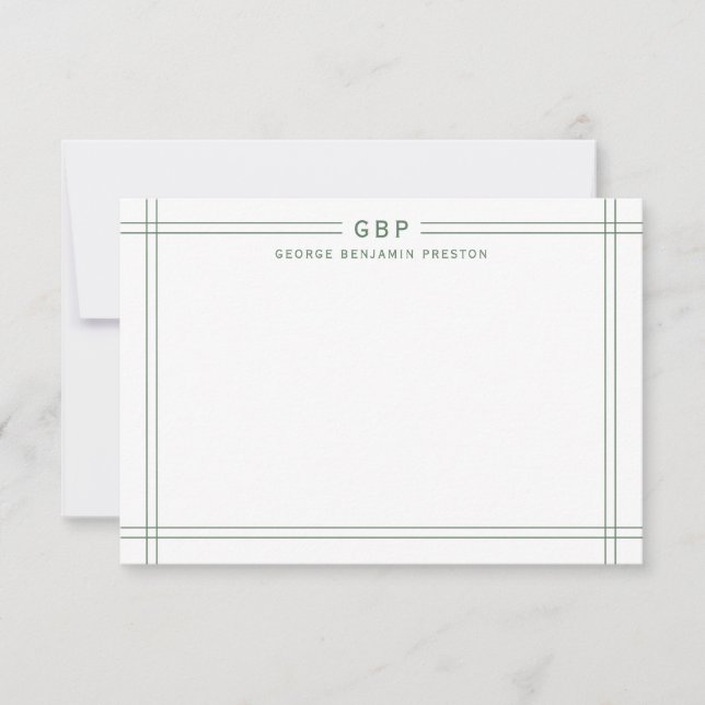 Classic Sage Green Double Line Border Monogram Card (Front)