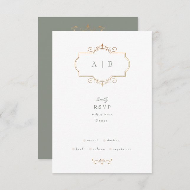 classic sage green elegant gold monogram wedding RSVP card (Front/Back)