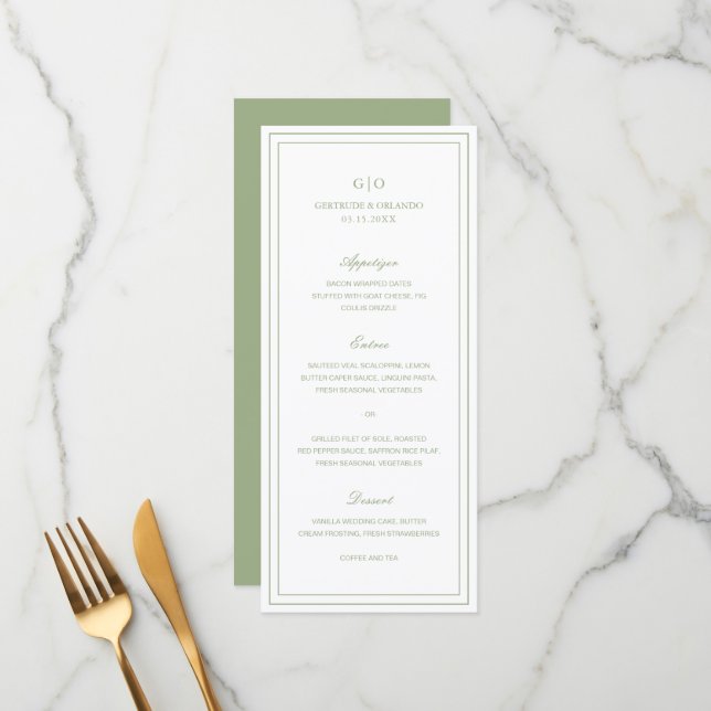 Classic Sage Green Elegant Wedding Menu (Front/Back In Situ)