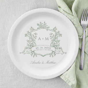 Classic Sage Green Floral Crest Monogram Wedding Paper Plate