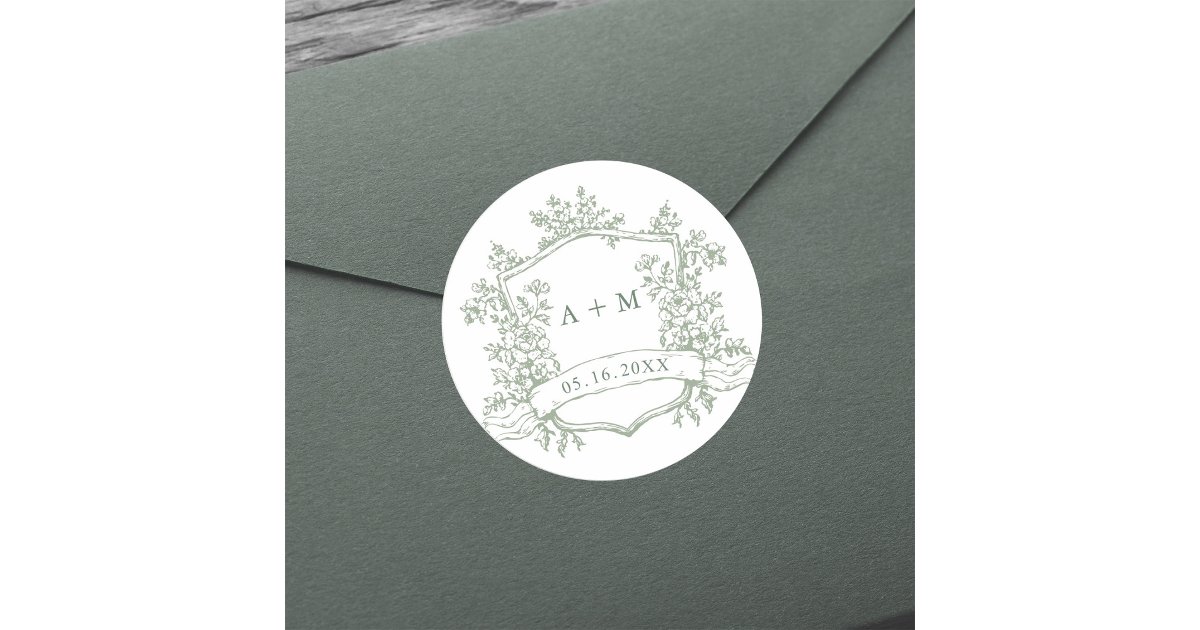 Classic Sage Green Floral Crest Monograms Classic Round Sticker | Zazzle