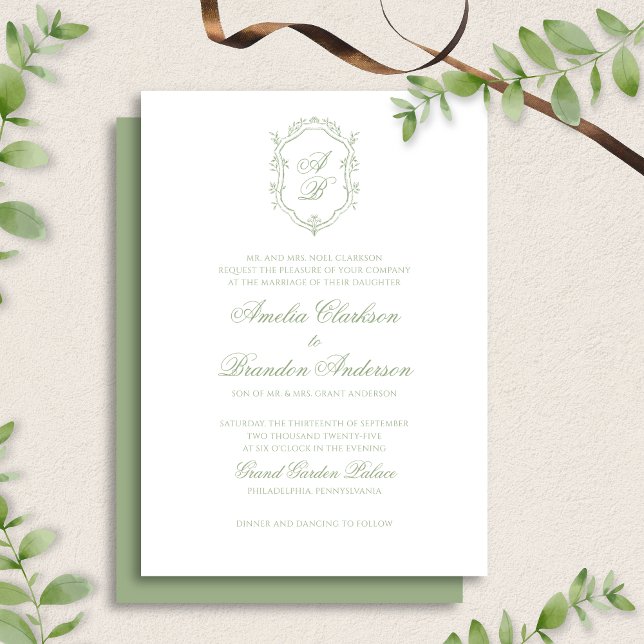 Classic Sage Green Floral Monogram Crest Wedding Invitation (Creator Uploaded)