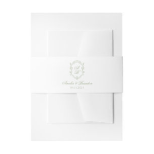 Classic Sage Green Floral Monogram Crest Wedding Invitation Belly Band
