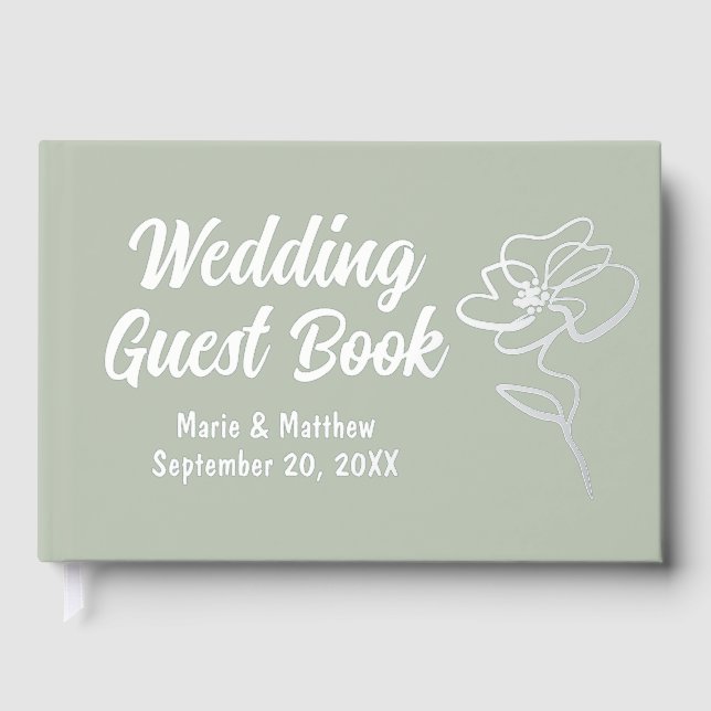 Classic Sage Green Floral Sketch Foil Guestbook (Front)