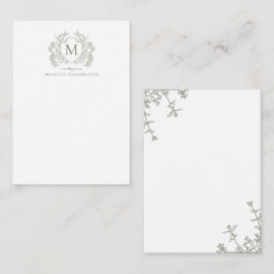 Classic Sage Green Floral Vintage Crest Monogram Card