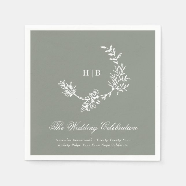 Classic Sage Green Floral Wreath Monogram Wedding Napkin (Front)