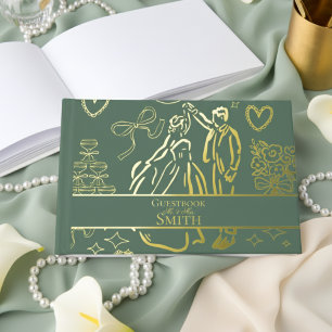 Classic Sage Green Hand Drawn Wedding Sketch Art  Guest Book