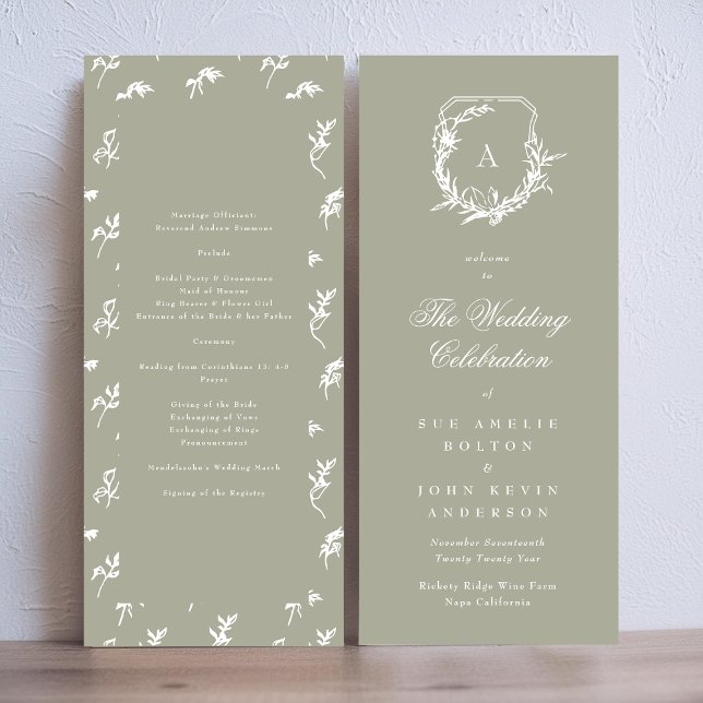classic sage green monogram crest wedding programme (Creator Uploaded)