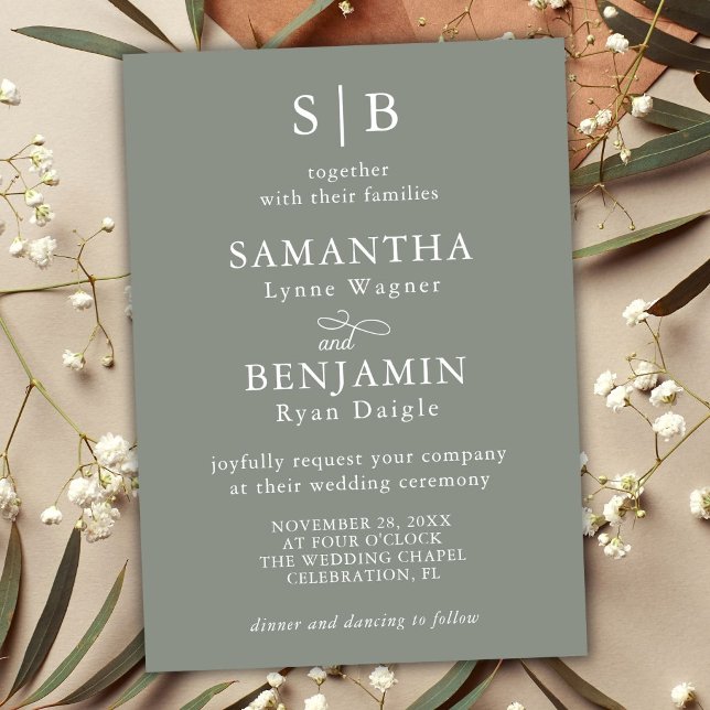 Classic Sage Green Monogram Initials Wedding Invitation (Creator Uploaded)