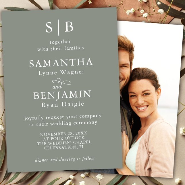 Classic Sage Green Monogram Photo Wedding Invitation (Creator Uploaded)