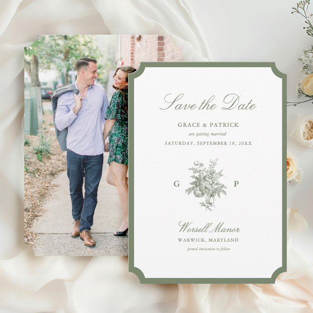 Classic Sage Green Monogram Photo Wedding Save The Date (Creator Uploaded)