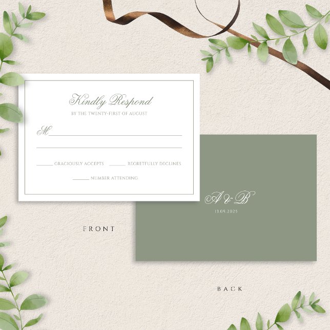Classic Sage Green Monogram Script Border Wedding RSVP Card (Creator Uploaded)