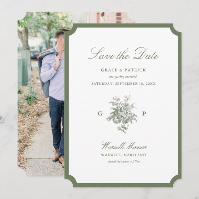 Classic Sage Green Monogram Wedding Save the Date Invitation (Front/Back)