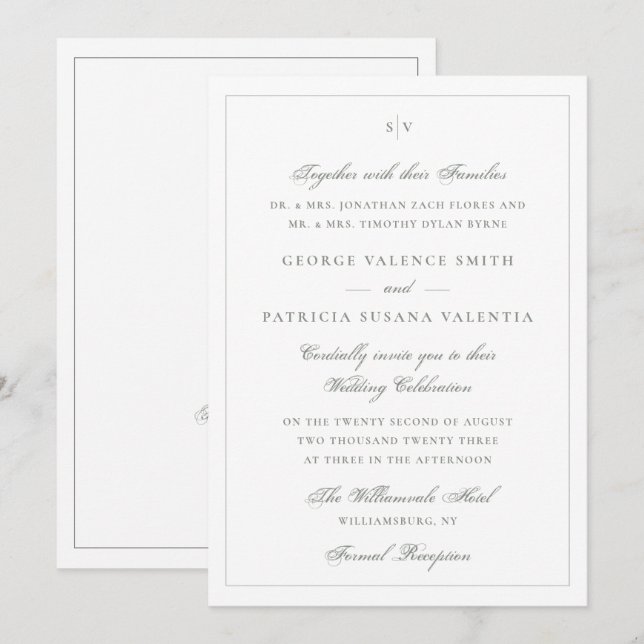 Classic Sage Green Monogram Wedding Website Invitation (Front/Back)