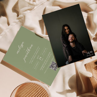 Classic Sage Green Photo Monogram QR Code Wedding Invitation