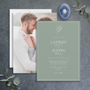 Classic Sage Green Script Monogram Photo Wedding Invitation