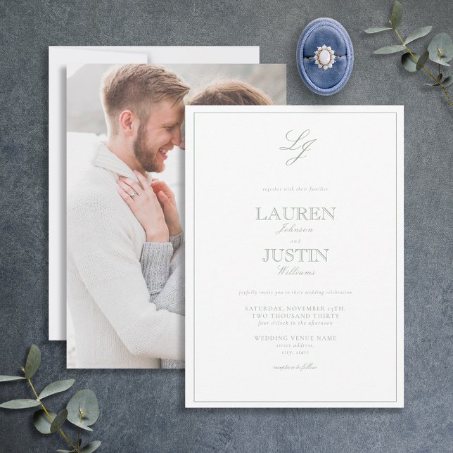Classic Sage Green Script Monogram Photo Wedding Invitation (Creator Uploaded)