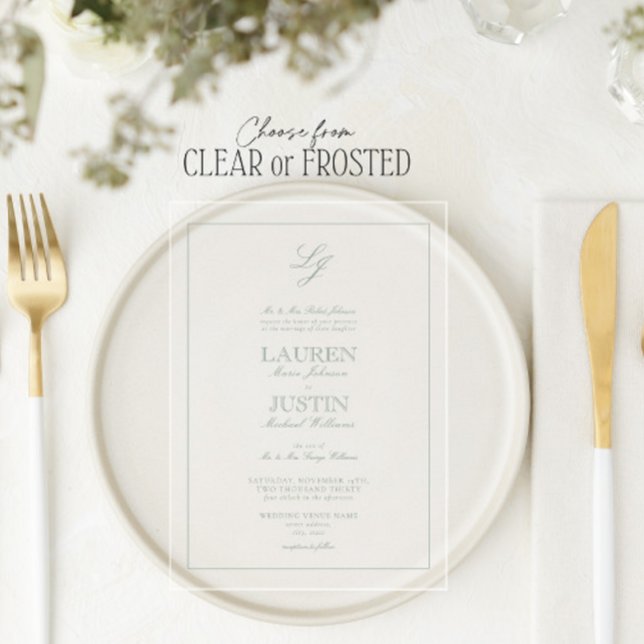 Classic Sage Green Script Monogram Wedding Acrylic Invitations (Creator Uploaded)