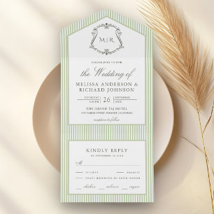 Classic Sage Green Striped Crest Monogram Wedding All In One Invitation