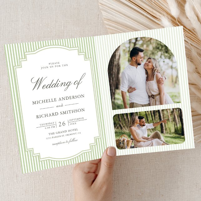Classic Sage Green Striped Photo QR Code Wedding Invitation (Creator Uploaded)