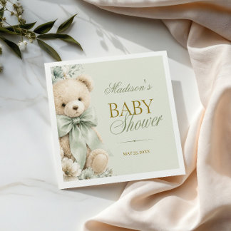 Classic Sage Green Teddy Bear Baby Shower Napkin