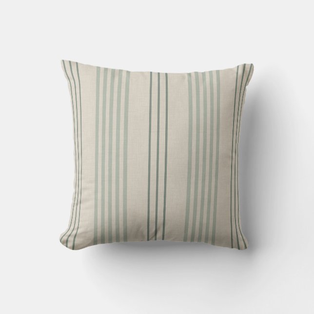 Classic Sage Green Ticking Stripe Pattern Cushion (Front)