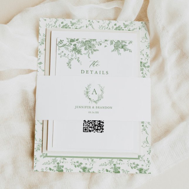 Classic Sage Green Toile Monogram Wedding Invitation Belly Band (Creator Uploaded)