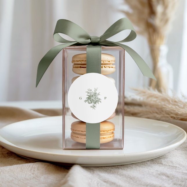 Classic Sage Green Wedding Monogram Round Sticker (Creator Uploaded)
