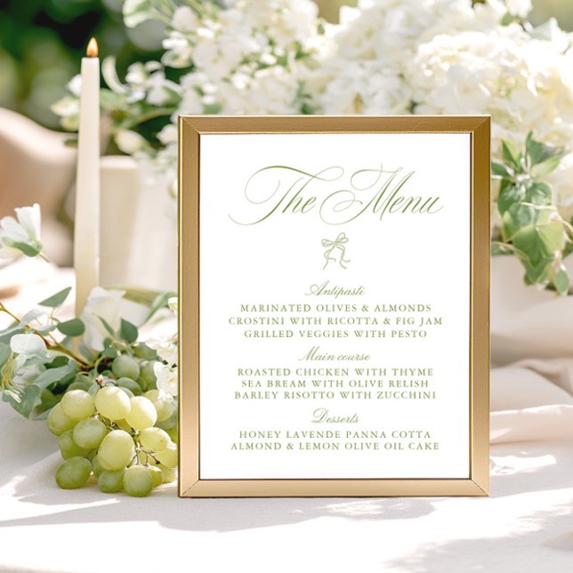Classic Sage Green & White Bow Wedding Menu (Classic Sage Green & White Bow Wedding Menu)