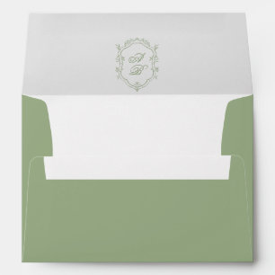 Classic Sage Green & White Monogram Crest Wedding Envelope