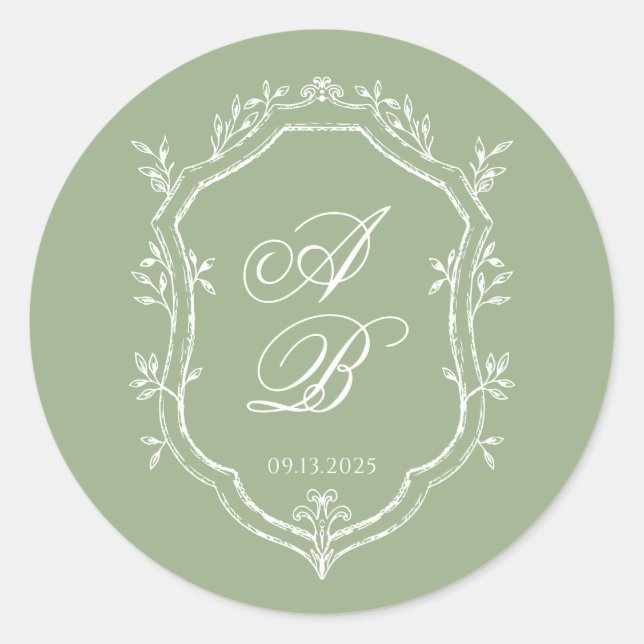 Classic Sage Green & White Monogram Crest Wedding Round Sticker (Front)
