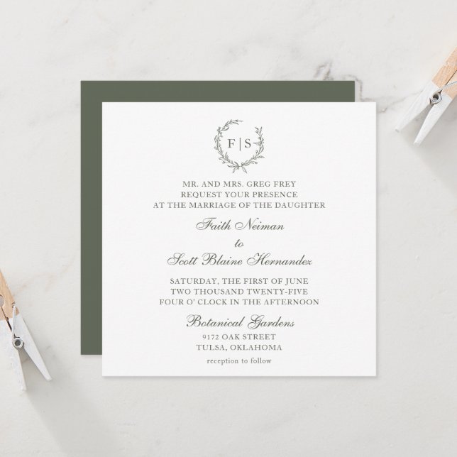 Classic Sage Green Wreath Wedding Invitation (Front/Back In Situ)