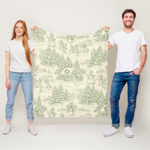 Classic Sage Winter Countryside Toile Pattern Fleece Blanket