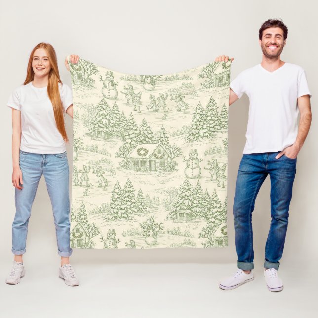 Classic Sage Winter Countryside Toile Pattern Fleece Blanket (In Situ)